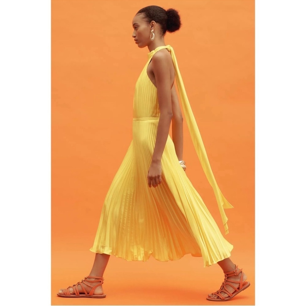 Anthropologie Mac Duggal Yellow Pleated Halter Midi Dress 12 Wedding Guest Event - Picture 2 of 10